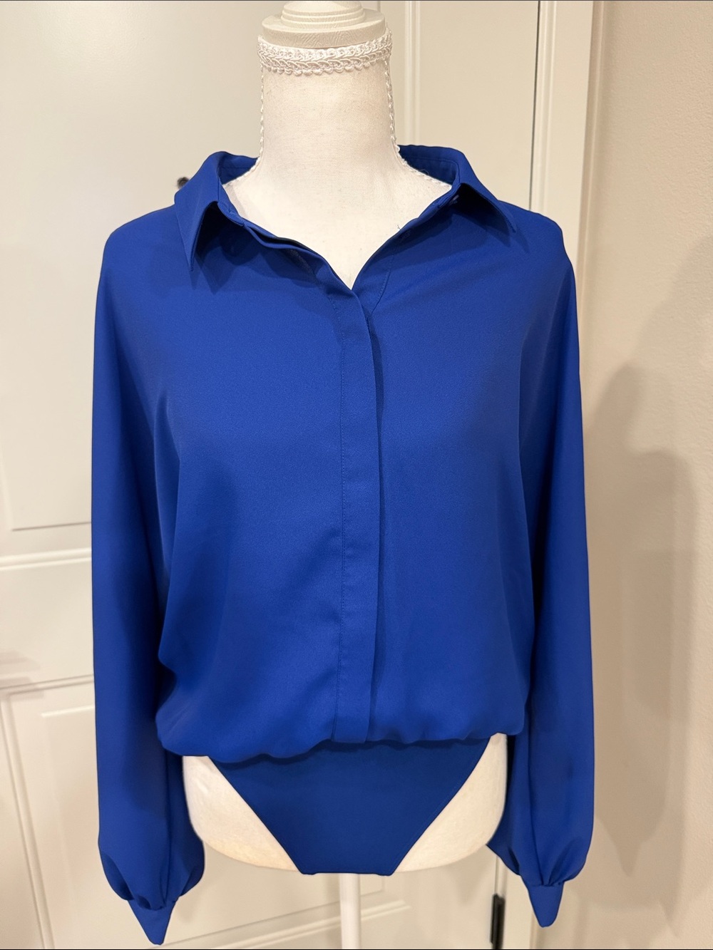 Express Cobalt Blue Long-Sleeve Button-Down Bodysuit Shirt - Picture 4 of 7